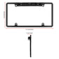 Black license plate camera frame with top lens bar and cable lead, size guide shown