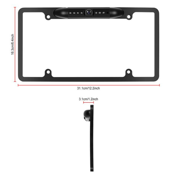 Black license plate camera frame with top lens bar and cable lead, size guide shown