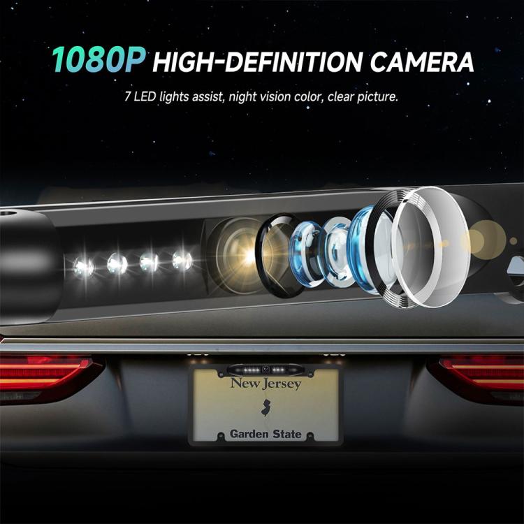Infrared night vision camera lens with LED lights on a license plate frame