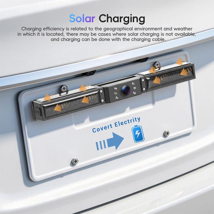 Solar charging rear camera bar with lens and indicator lights near license plate mount
