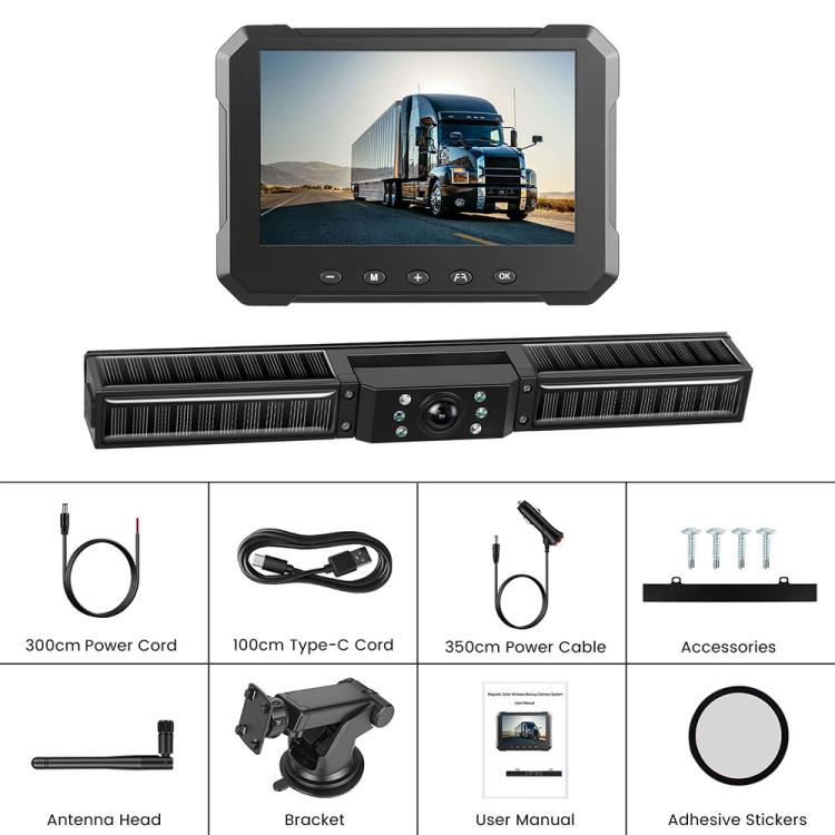 Backup camera system kit with monitor, camera bar, cables, bracket, and stickers