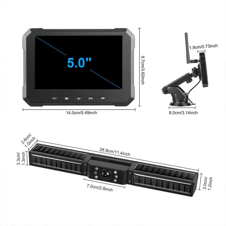 5-inch monitor and rear camera bar with mounting dimensions and cable connections
