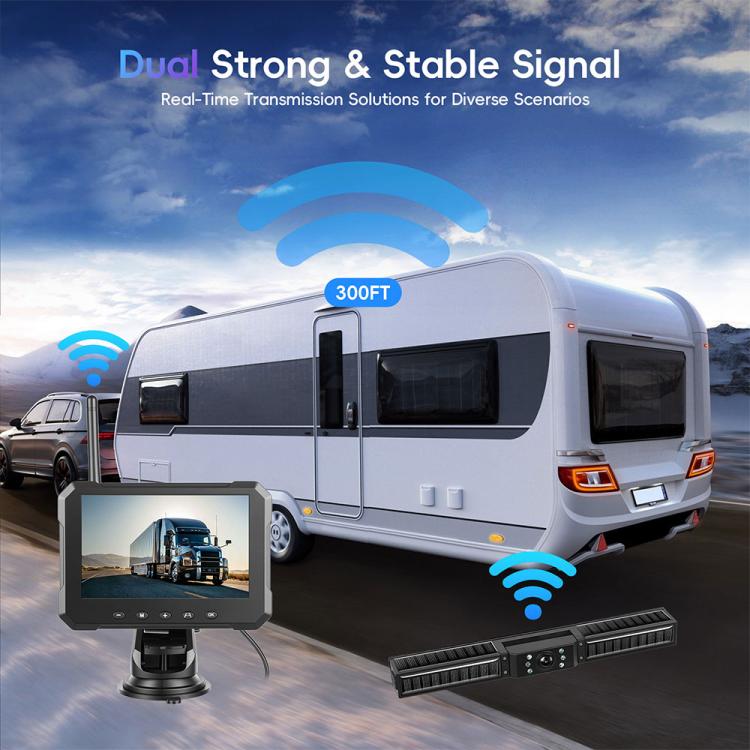 Wireless backup camera monitor and rear camera bar with signal range indicator