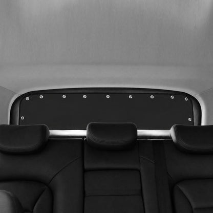 Black rear car window sunshade curtain with suction cups along the top edge