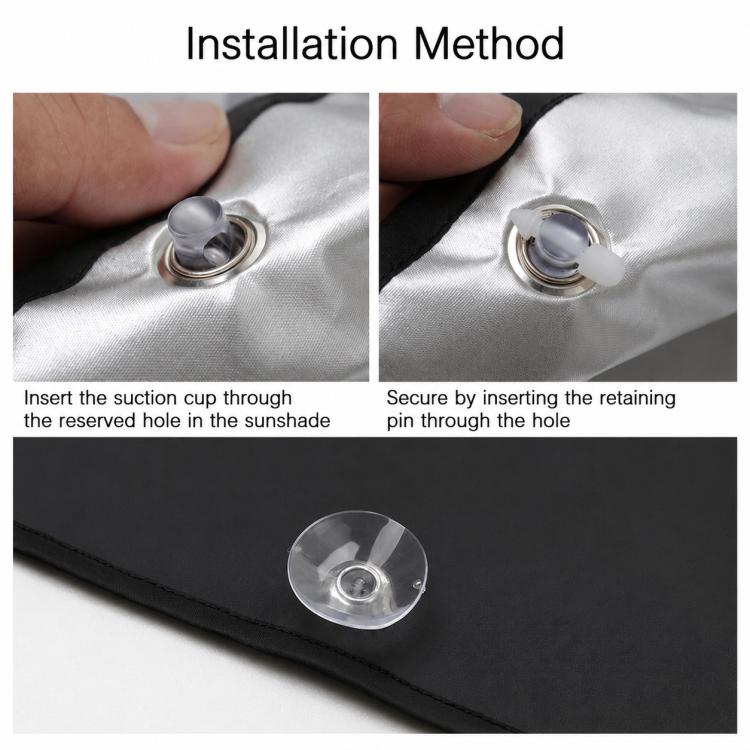 Car rear windshield sunshade curtain with suction cup retaining pin detail