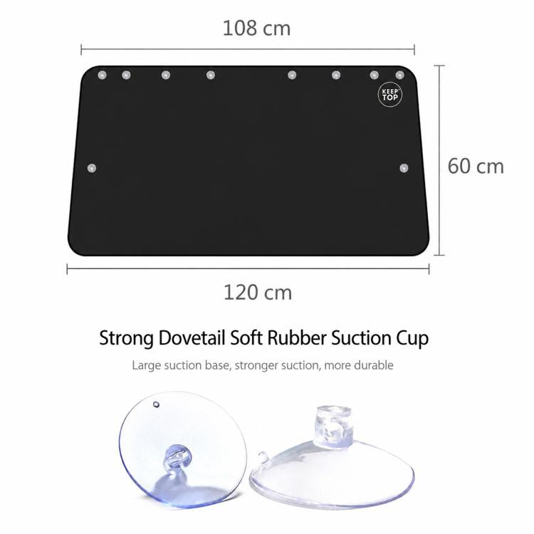 Black rear window sunshade with suction cups, 108 cm by 120 cm dimensions