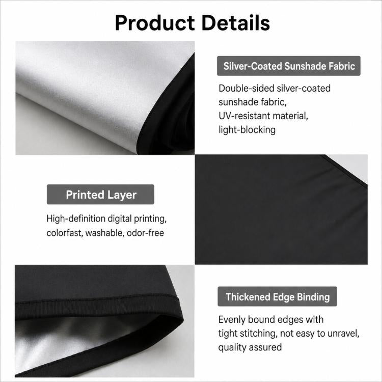 Car sunshade close-up showing silver-coated fabric, printed layer, and stitched edge
