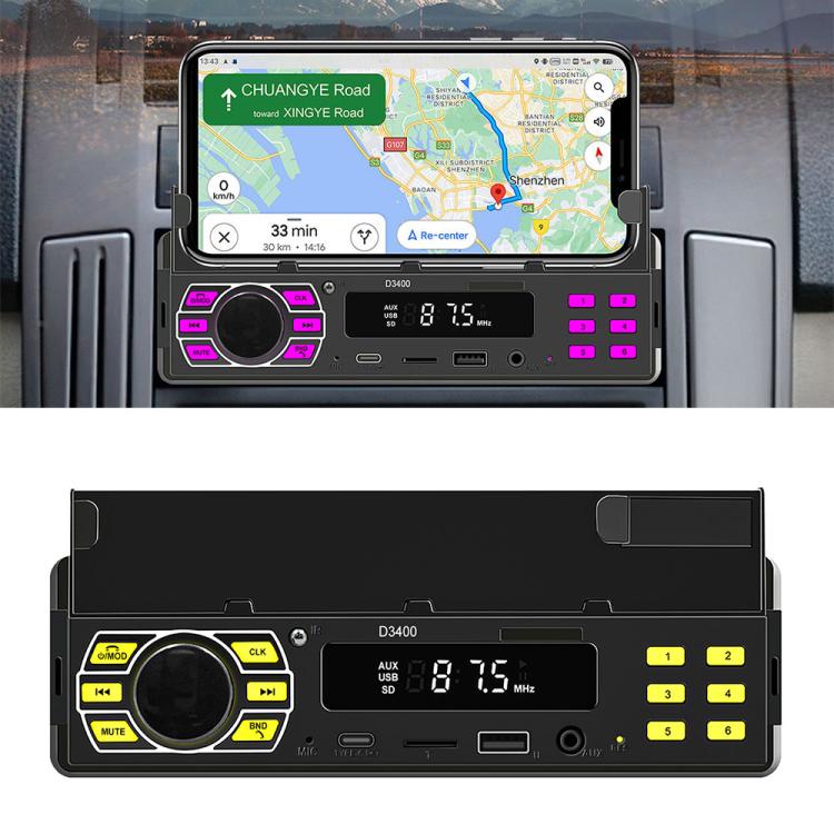 Single-DIN car Bluetooth MP3 player FM radio with built-in phone holder, front panel controls
