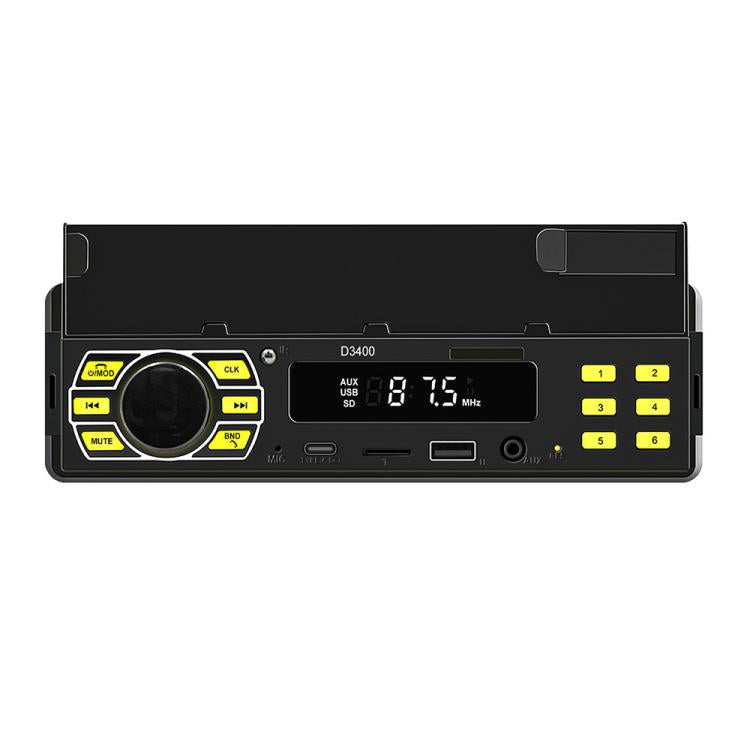 Single-DIN car Bluetooth MP3 player FM radio unit, front face with yellow shortcut buttons