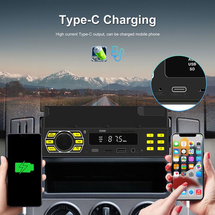 Single-DIN car Bluetooth MP3 player with Type-C charging and USB/SD ports