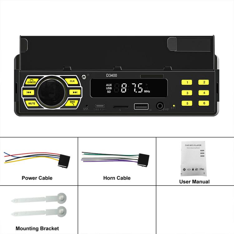 Single-DIN car Bluetooth MP3 player front panel with power and horn cables, manual