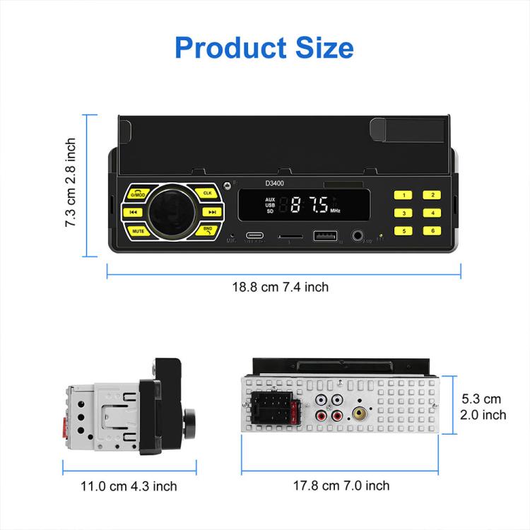 Single-DIN car Bluetooth MP3 player FM radio with dashboard size diagram and rear connectors