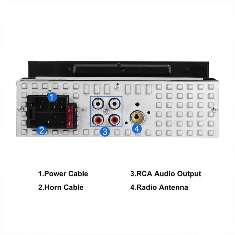 Single-DIN car audio player rear I/O panel with antenna, power, RCA, and horn ports
