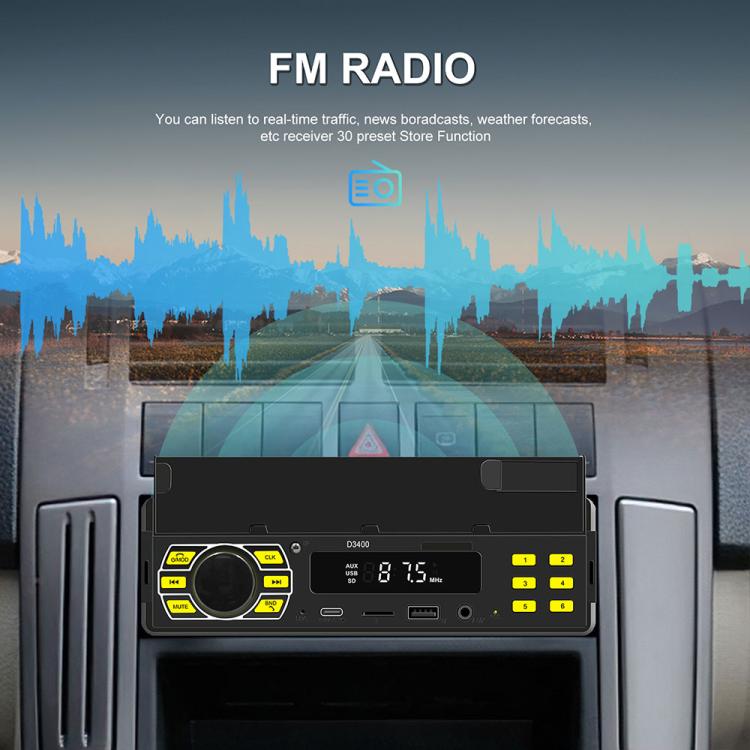 Single-DIN car FM radio receiver face with display, rotary knob, and yellow preset buttons