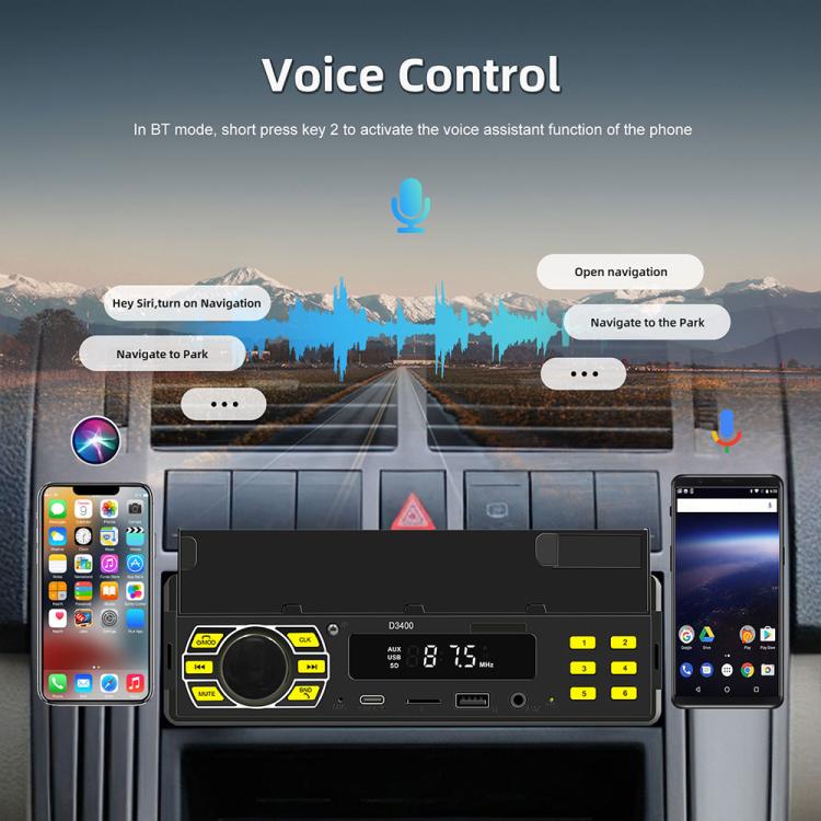 Single-DIN car Bluetooth MP3 player with phone mount, voice control interface illustrated