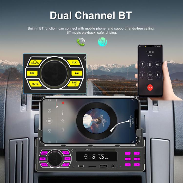 Single-DIN Bluetooth car MP3 player with phone mount and dual channel Bluetooth controls