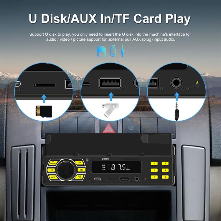 Single-DIN car Bluetooth MP3 player with USB, AUX, and card play interface ports