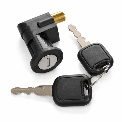 Black mechanical lock with cylinder, two keys, and metal latch pin for battery boxes