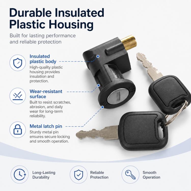 Black insulated plastic lock body with keys and metal latch pin