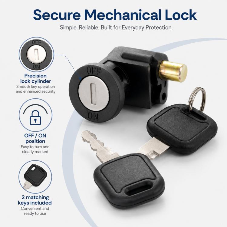 Round mechanical lock with OFF/ON positions, black housing and two matching keys