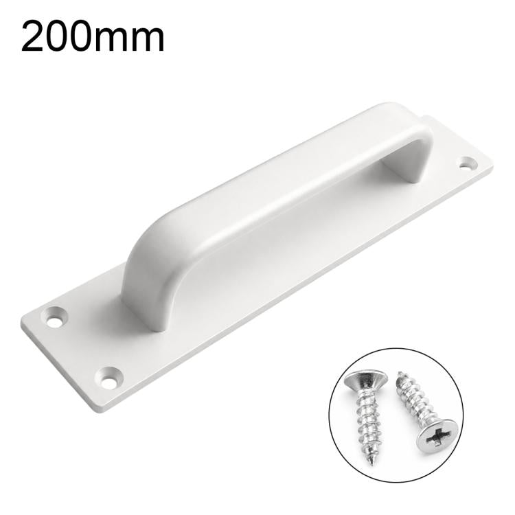 White aluminum door pull handle with wide grip and two mounting screw holes.