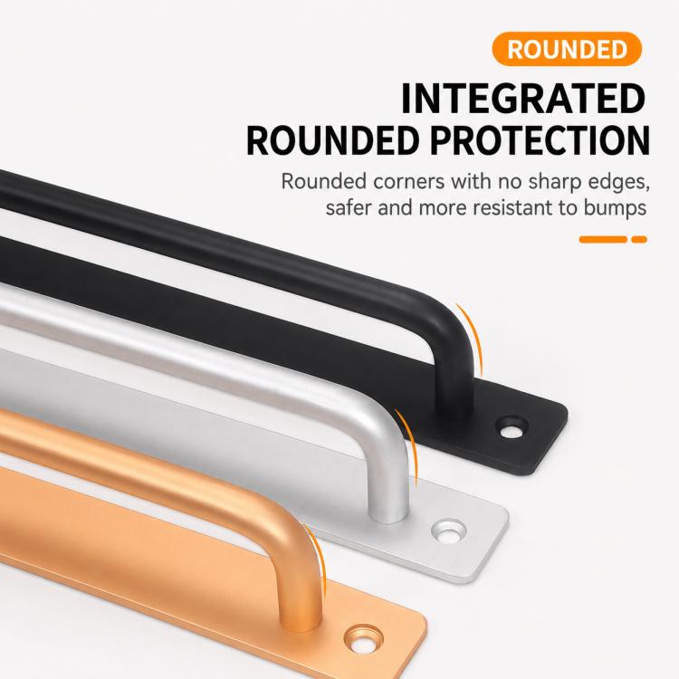 Black surface-mount door handle with rounded corner protection and mounting plate holes.