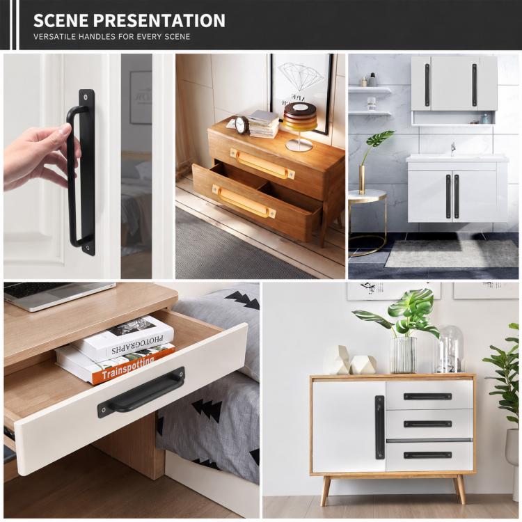 Black cabinet pull handle for doors and drawers, shown with mounting screws