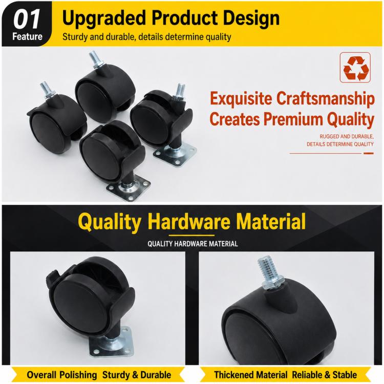 Multiple black swivel casters with metal plates and threaded stems, various views