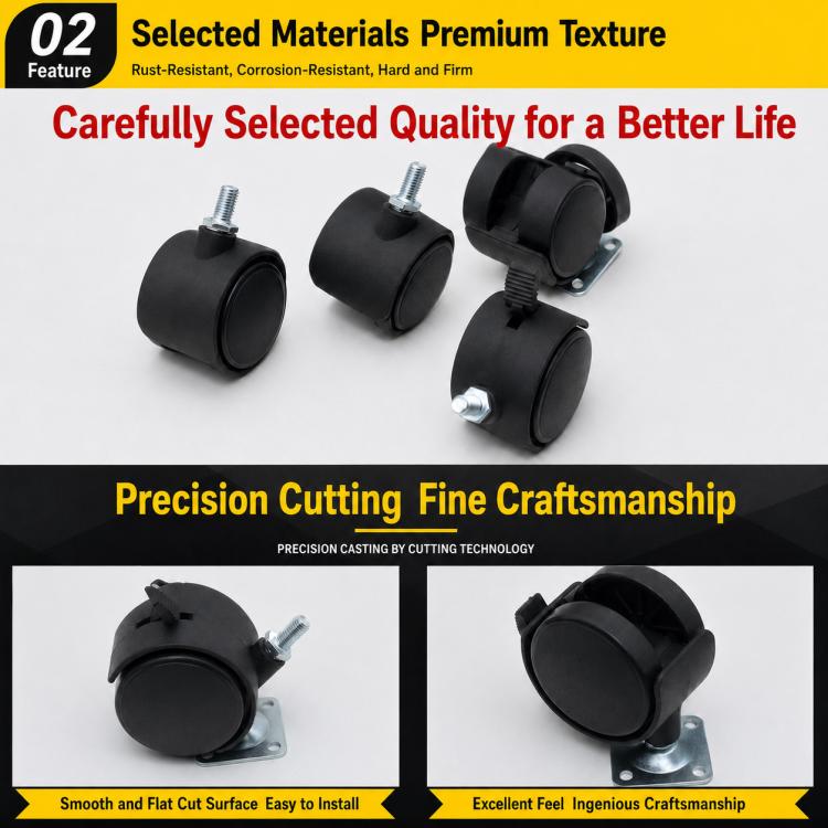 Assorted black swivel casters with metal mounting plates and threaded stems