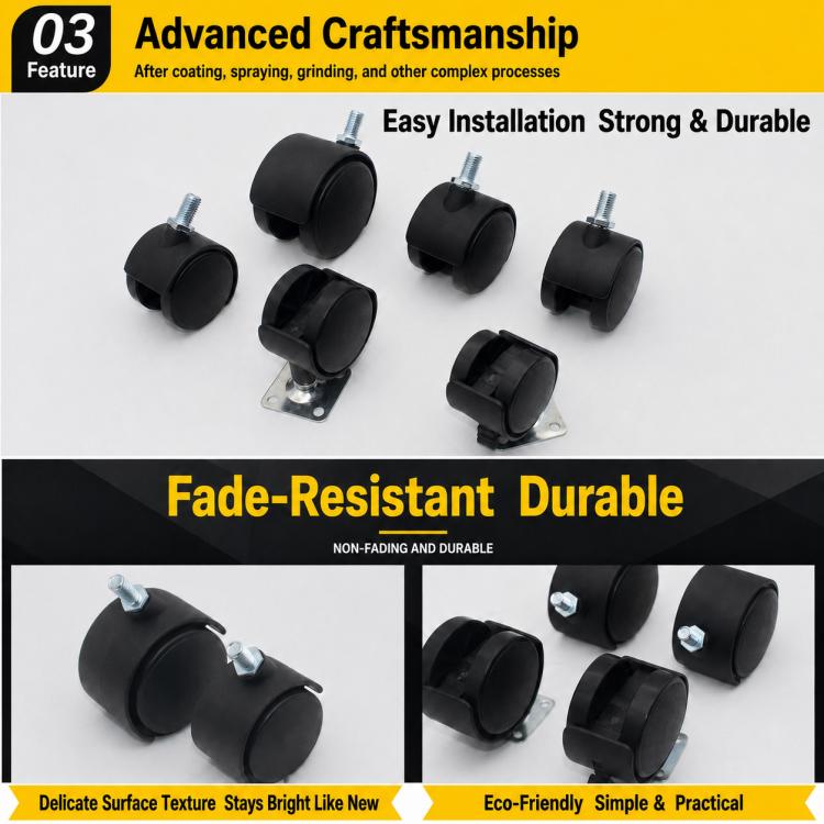 Black swivel casters with metal plates and threaded stems, several sizes shown