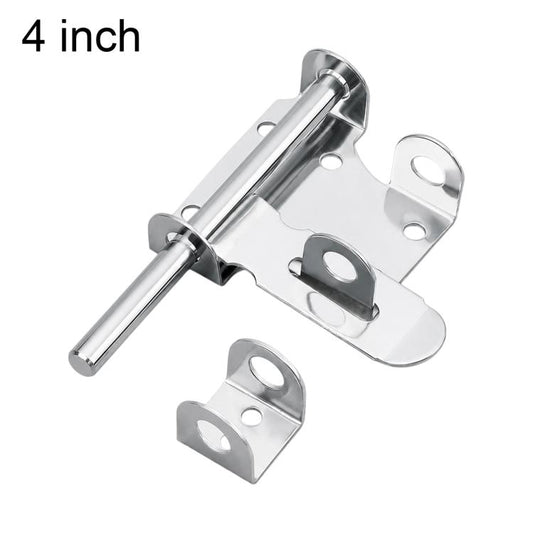 4-inch stainless steel slide bolt latch with mounting plates and keeper tabs.