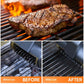 Electric grill cleaning brush shown cleaning grill grate with rotating black bristle drum