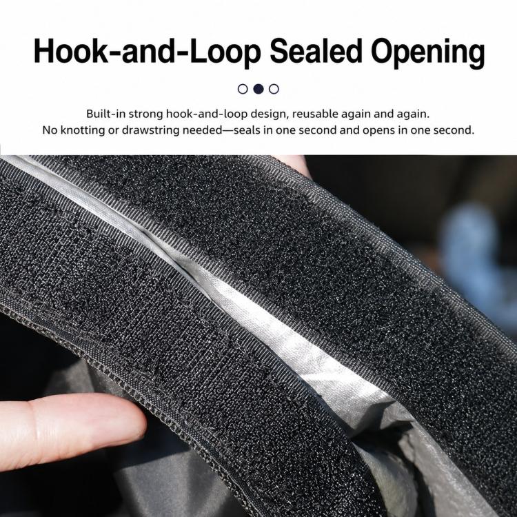 Hook-and-loop sealed opening on black helmet bag with reinforced edge