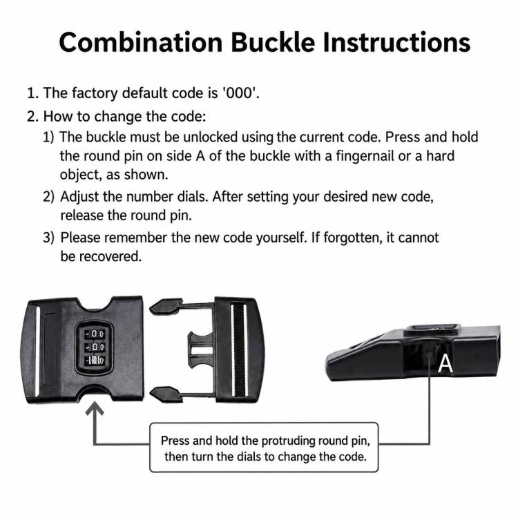 Combination lock buckle with round pin and numbered dials on storage bag