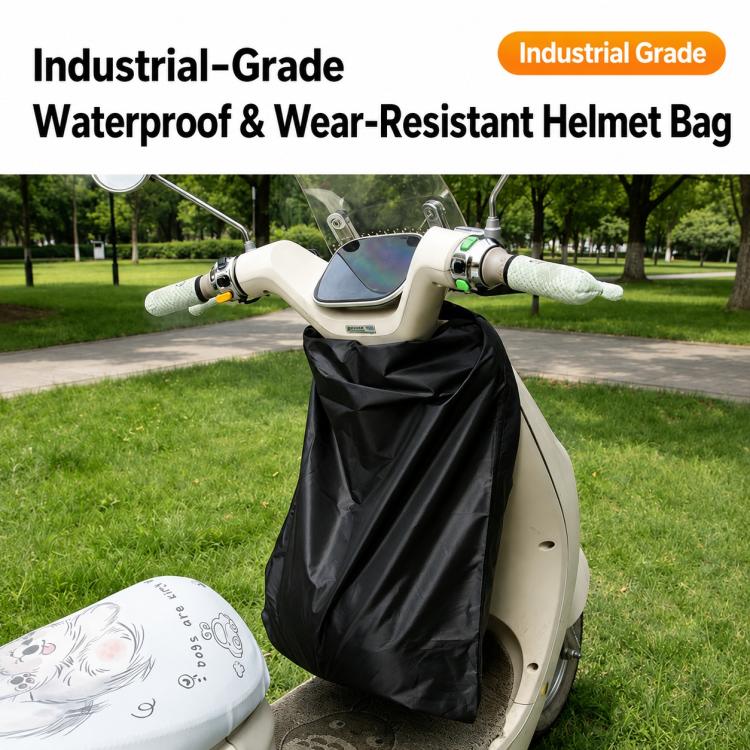Black motorcycle helmet storage bag on scooter seat with large full-body cover