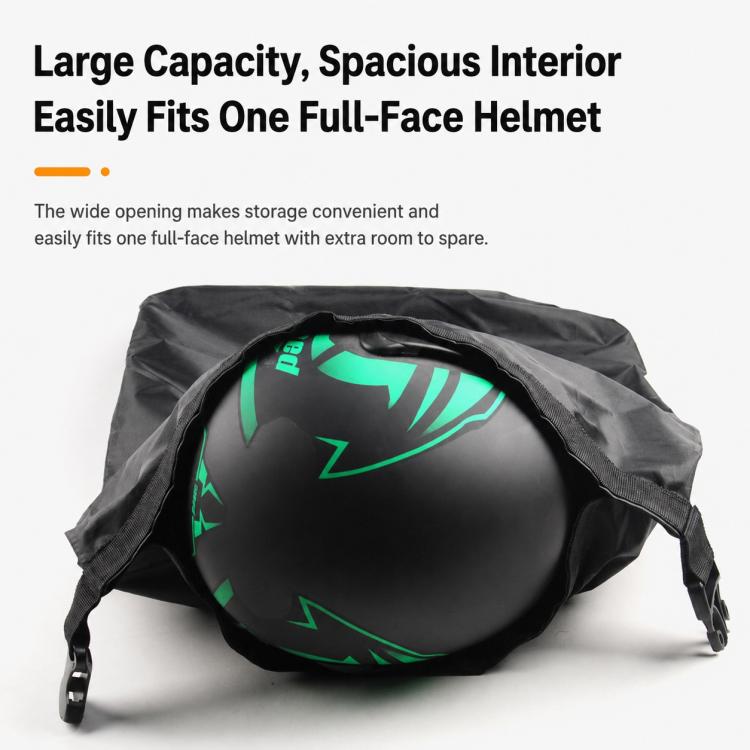 Black helmet bag open with interior space holding a helmet, wide front opening
