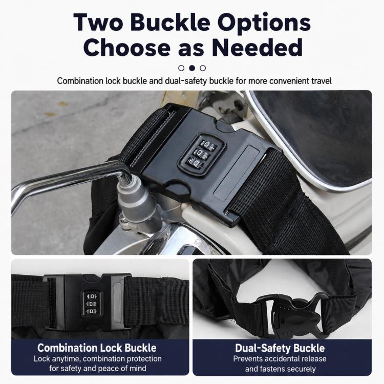 Black helmet bag with combination lock keypad and safety buckle straps