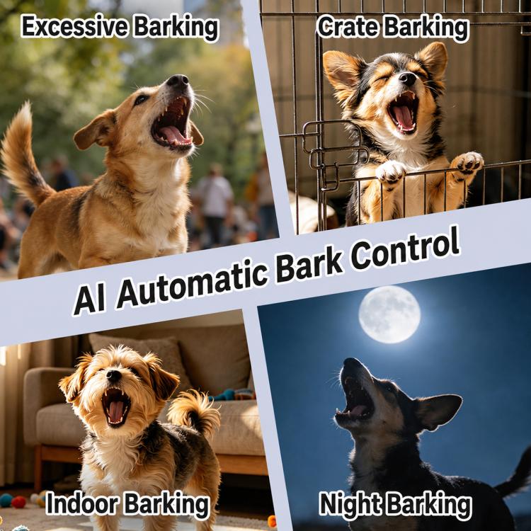 Black anti-bark dog training collar shown on dogs for indoor, crate, and night