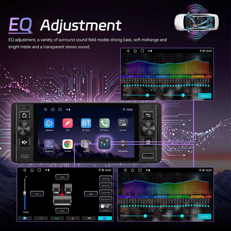 5-inch single din Android car stereo head unit with touchscreen audio equalizer view