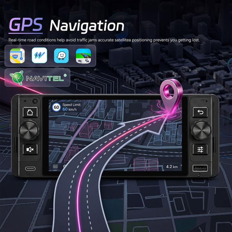 5-inch single din Android car stereo head unit with navigation map on touchscreen
