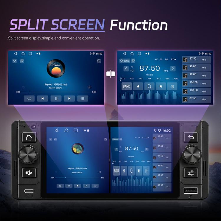 5-inch single din Android car stereo head unit with split-screen view on touchscreen