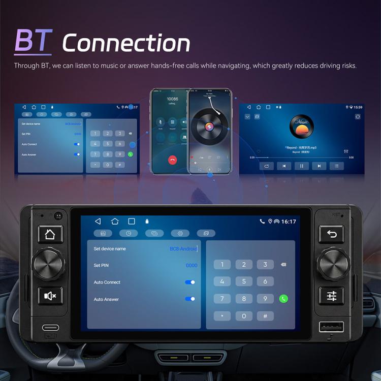 5-inch single din Android car stereo head unit with Bluetooth settings on touchscreen