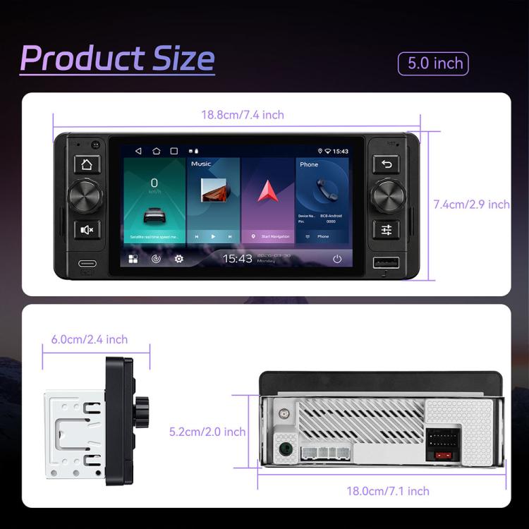 Single DIN 5-inch Android car stereo head unit with size dimension diagram