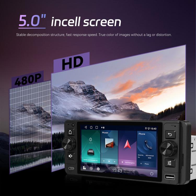 5-inch single-DIN Android car stereo touchscreen head unit with dash controls