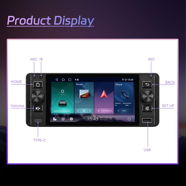 Single DIN 5-inch Android car stereo head unit with labeled front buttons and ports