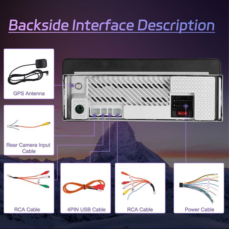 Single DIN 5-inch Android car stereo rear interface panel with connector ports