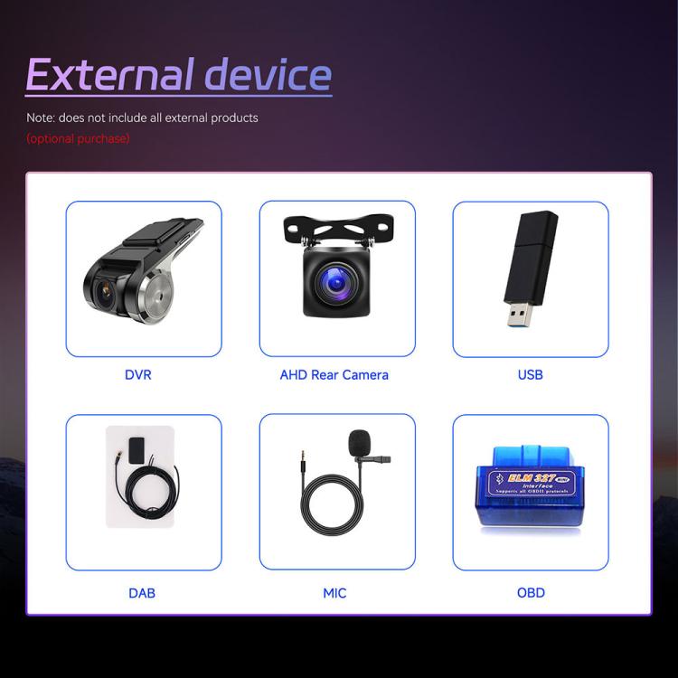 Single DIN 5-inch Android car stereo showing optional DVR, rear camera, USB, and mics