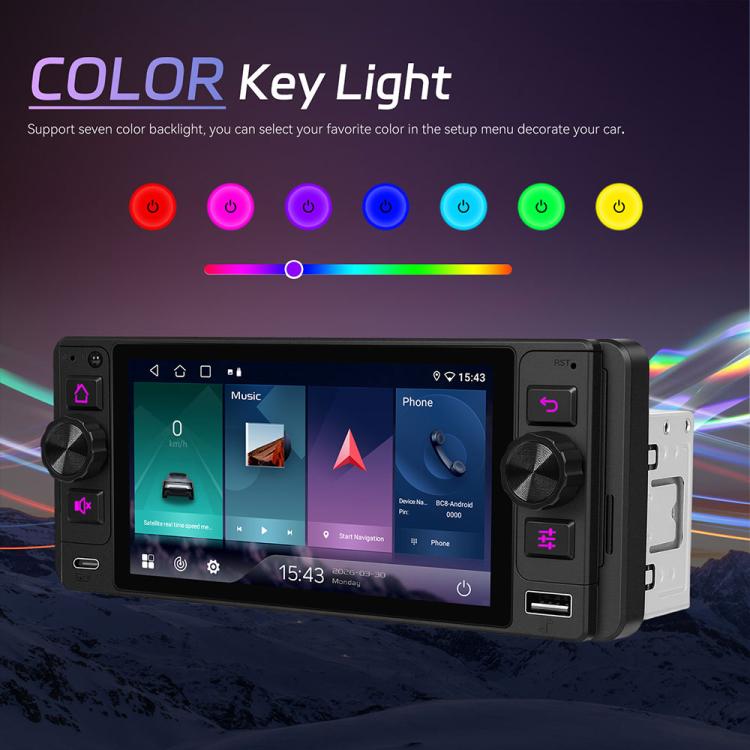 Single DIN 5-inch Android car stereo head unit with multi-color backlit controls