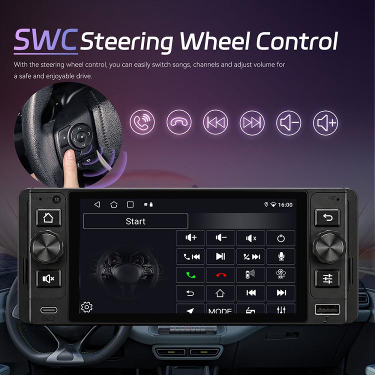 Single DIN 5-inch Android car stereo with steering-wheel control button layout