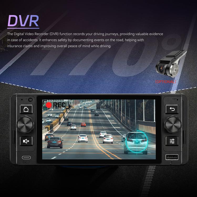 Single DIN 5-inch Android car stereo head unit displaying DVR camera video feed